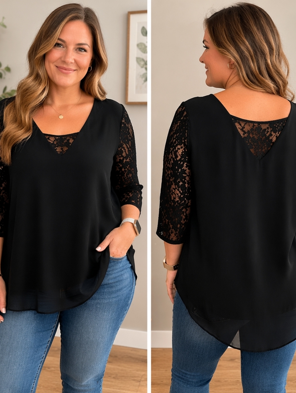 🖤 Torrid Black Georgette Lace Accent Blouse – Size 0